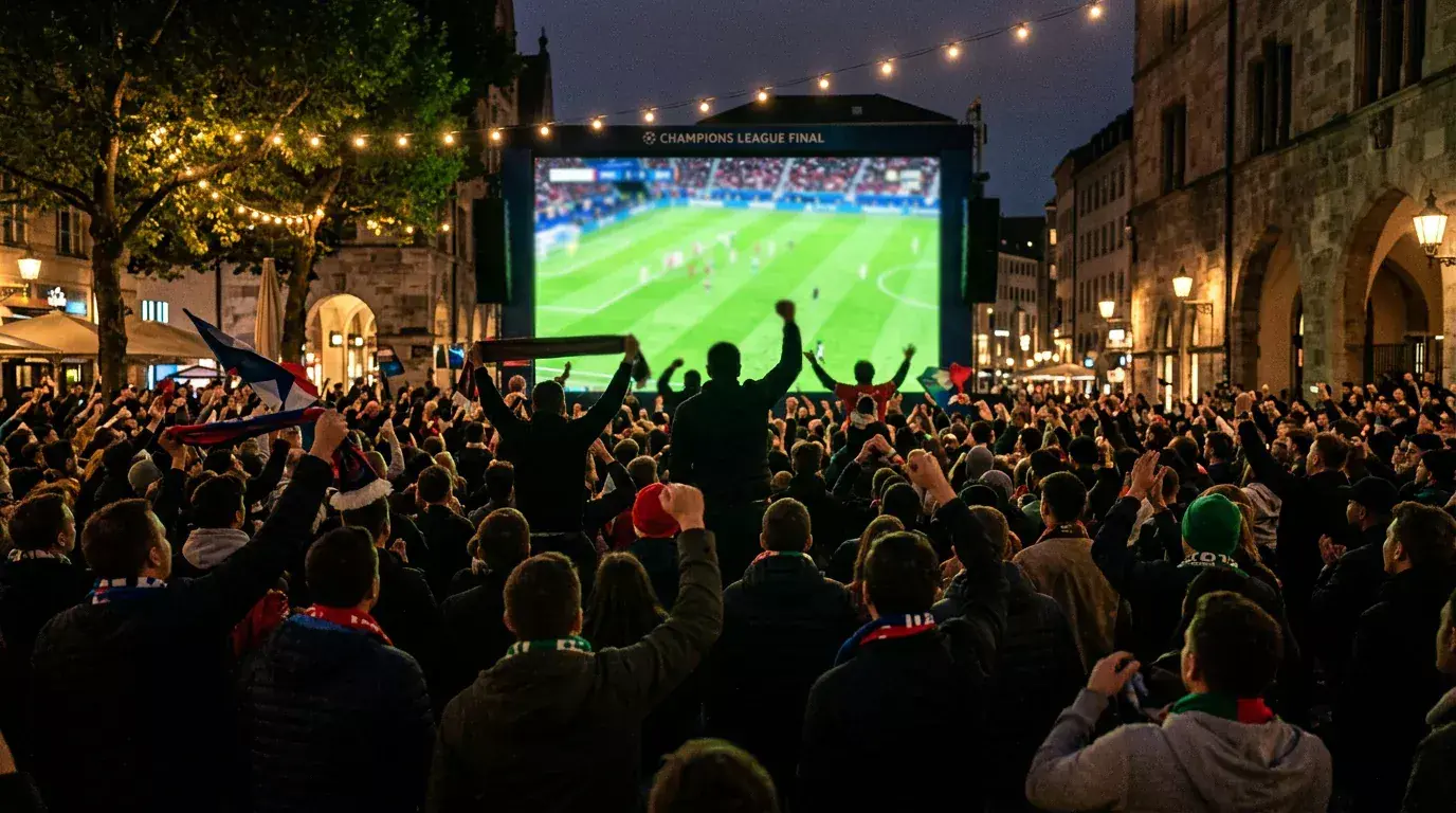 Aficionados de fútbol reunidos viendo la retransmisión de la final de la Champions League en una pantalla grande